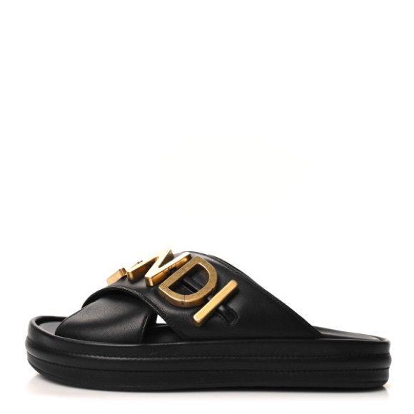 FENDI Vitello Women's Fendigraphy Slide Sandals 37 Black & Gold - Picture 6 of 9